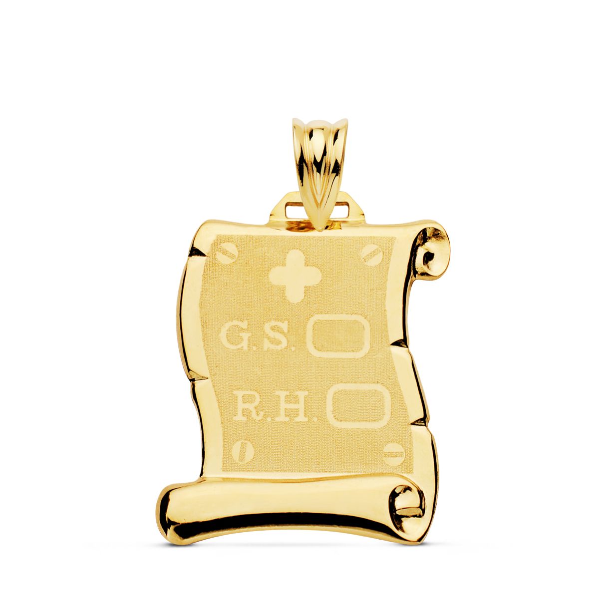 Placa Chapa Colgante Pergamino Brillo Rh Grupo Sanguineo Mate 22 x 19 mm de oro amarillo 18K