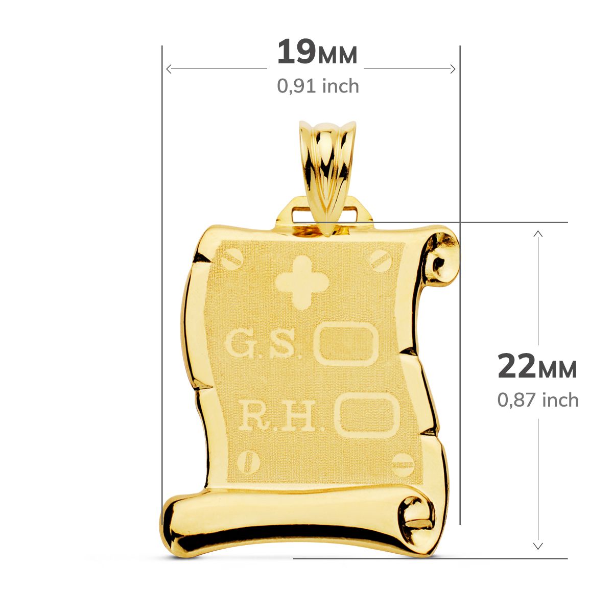 Placa Chapa Colgante Pergamino Brillo Rh Grupo Sanguineo Mate 22 x 19 mm de oro amarillo 18K