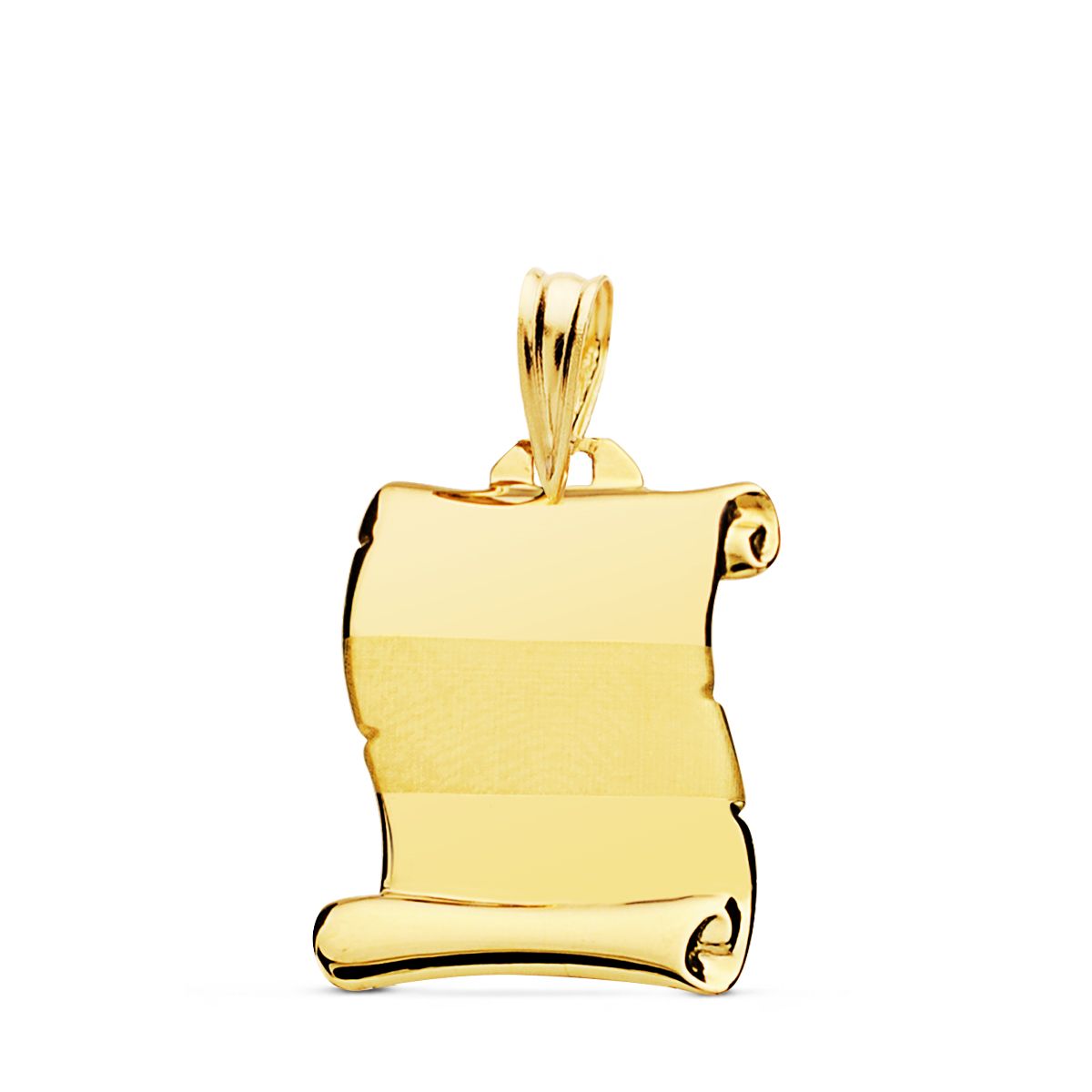 18K PLACA CHAPA COLGANTE PERGAMINO ORO AMARILLO BRILLO BANDA MATE 18X14 MM