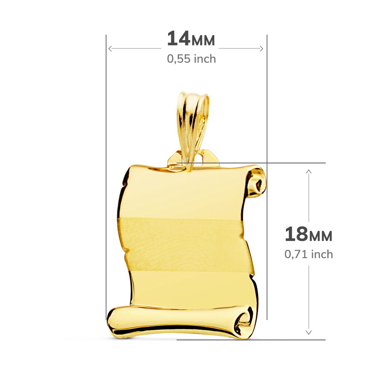 Placa Chapa Colgante Pergamino Brillo Banda Mate 18 x 14 mm de oro amarillo 18K