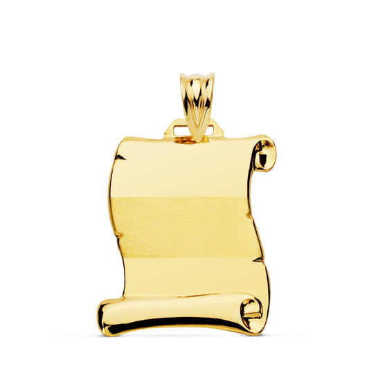 18K PLACA CHAPA COLGANTE PERGAMINO ORO AMARILLO BRILLO BANDA MATE 22X19 MM