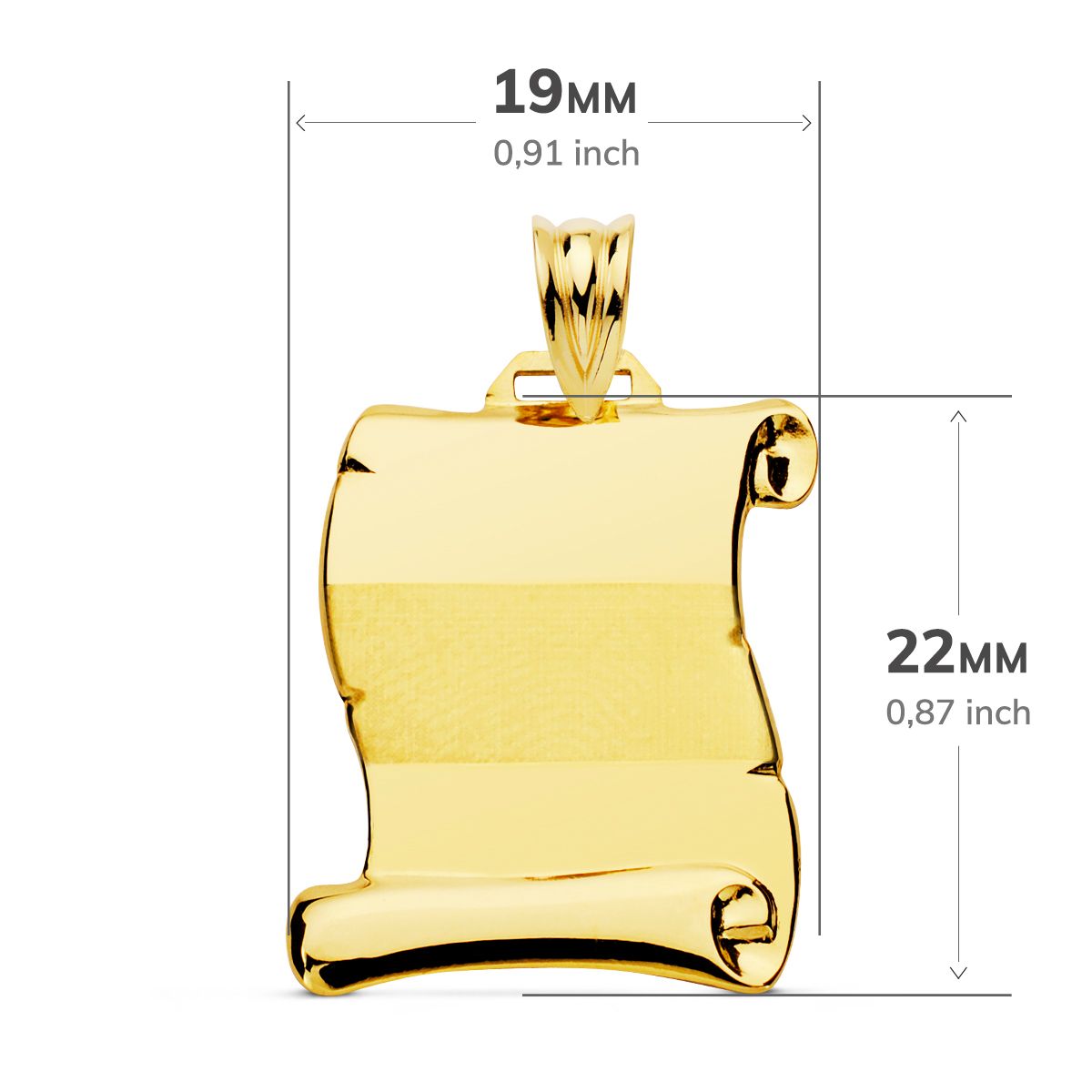 Placa Chapa Colgante Pergamino Brillo Banda Mate 22 x 19 mm de oro amarillo 18K
