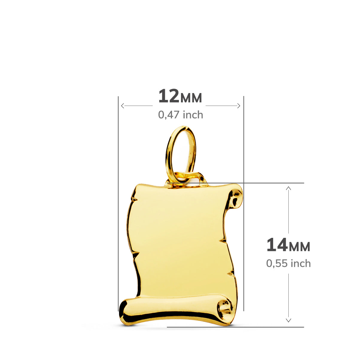 Placa Chapa Colgante Pergamino Liso Brillo 14 x 12 mm de oro amarillo 18K
