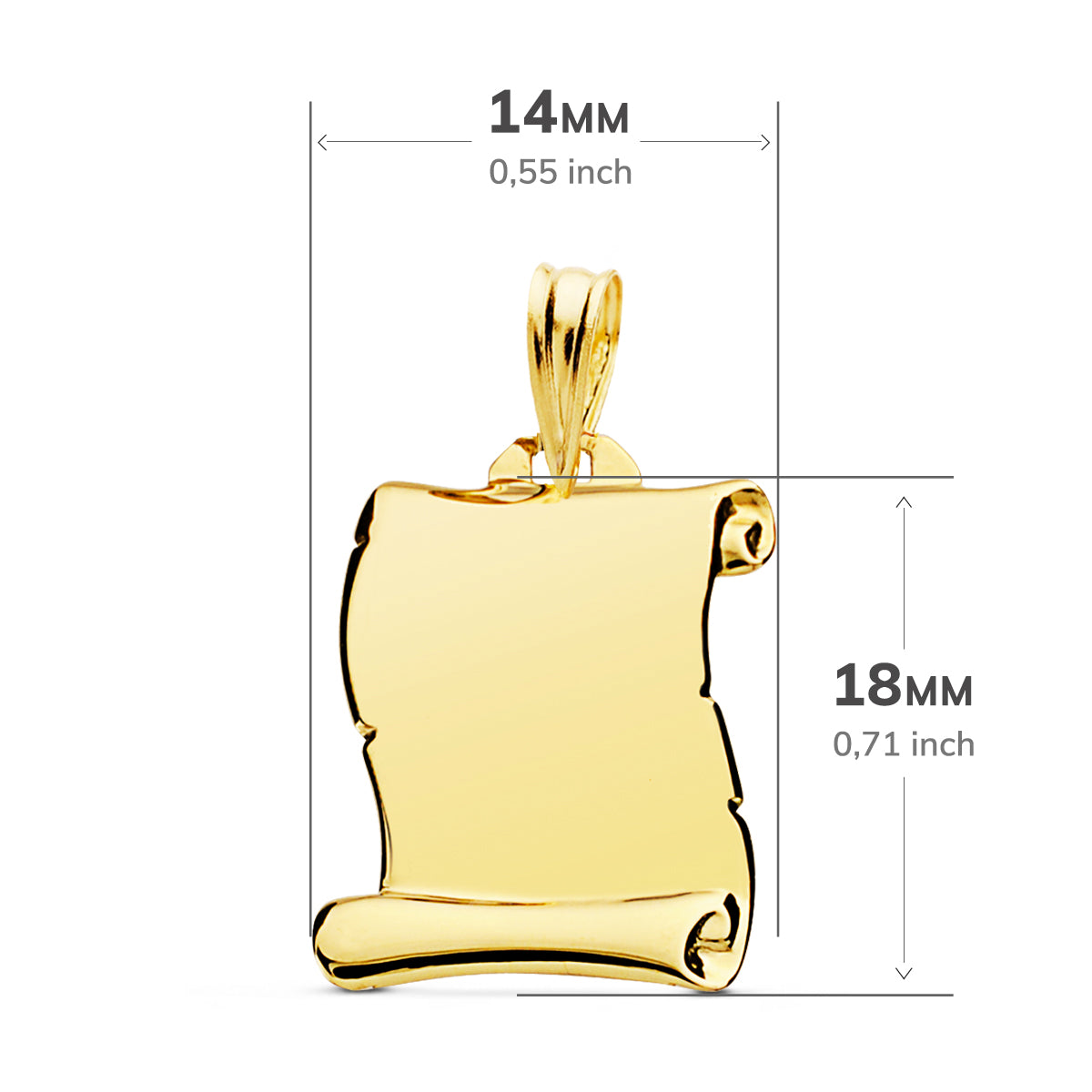 Placa Chapa Colgante Pergamino Liso Brillo 18 x 14 mm de oro amarillo 18K