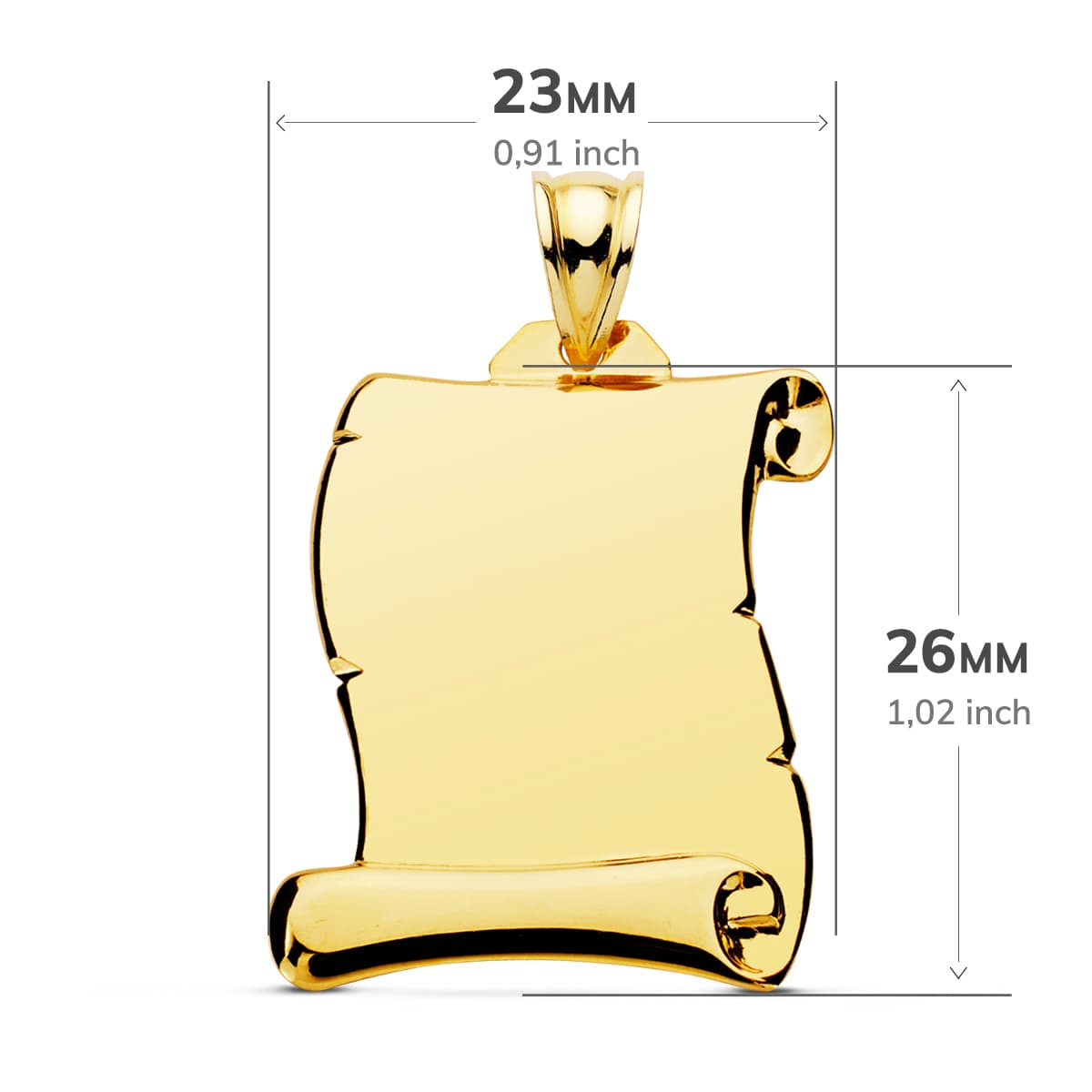 18K PLACA CHAPA ORO AMARILLO COLGANTE PERGAMINO LISO 26X23 MM
