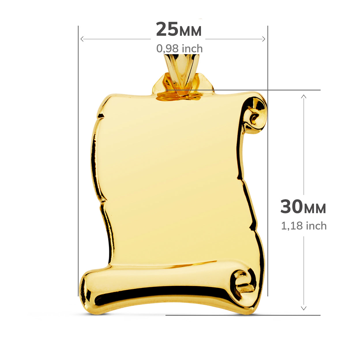 Placa Chapa Colgante Pergamino Liso 30 x 25 mm de oro amarillo 18K