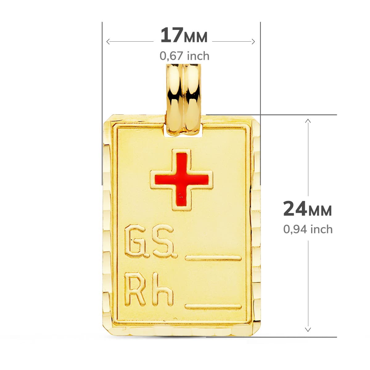 Colgante Placa Chapa Grupo Sanguineo Rh Grande 24 x 17 mm de oro amarillo 18K