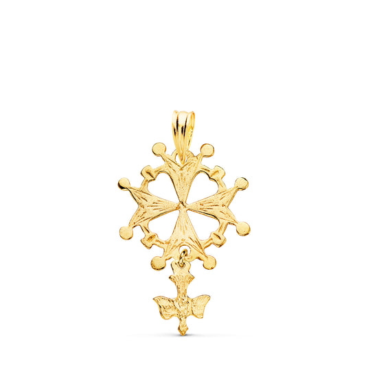 18K CRUZ DE HUGUENOTTE ORO AMARILLO CON PALOMA. 28 X 17 MM