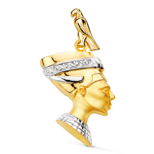 Colgante Egipcio Bicolor Nefertiti Perfil en Brillo 30 x 26 mm 18K