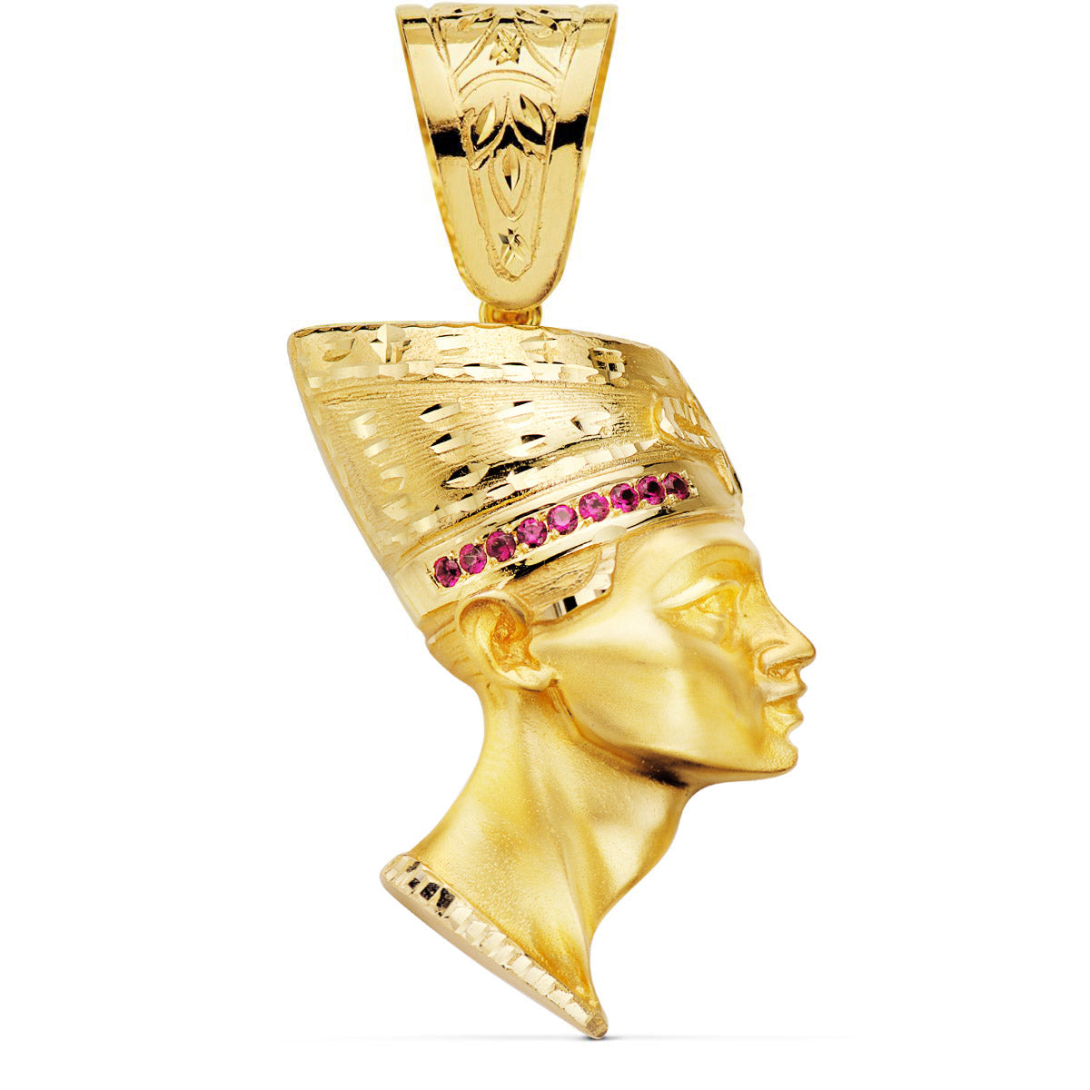 Colgante Egipcio Esfinge Nefertiti Gigante con Circonita Rojas . 50 x 35 mm de oro amarillo 18K