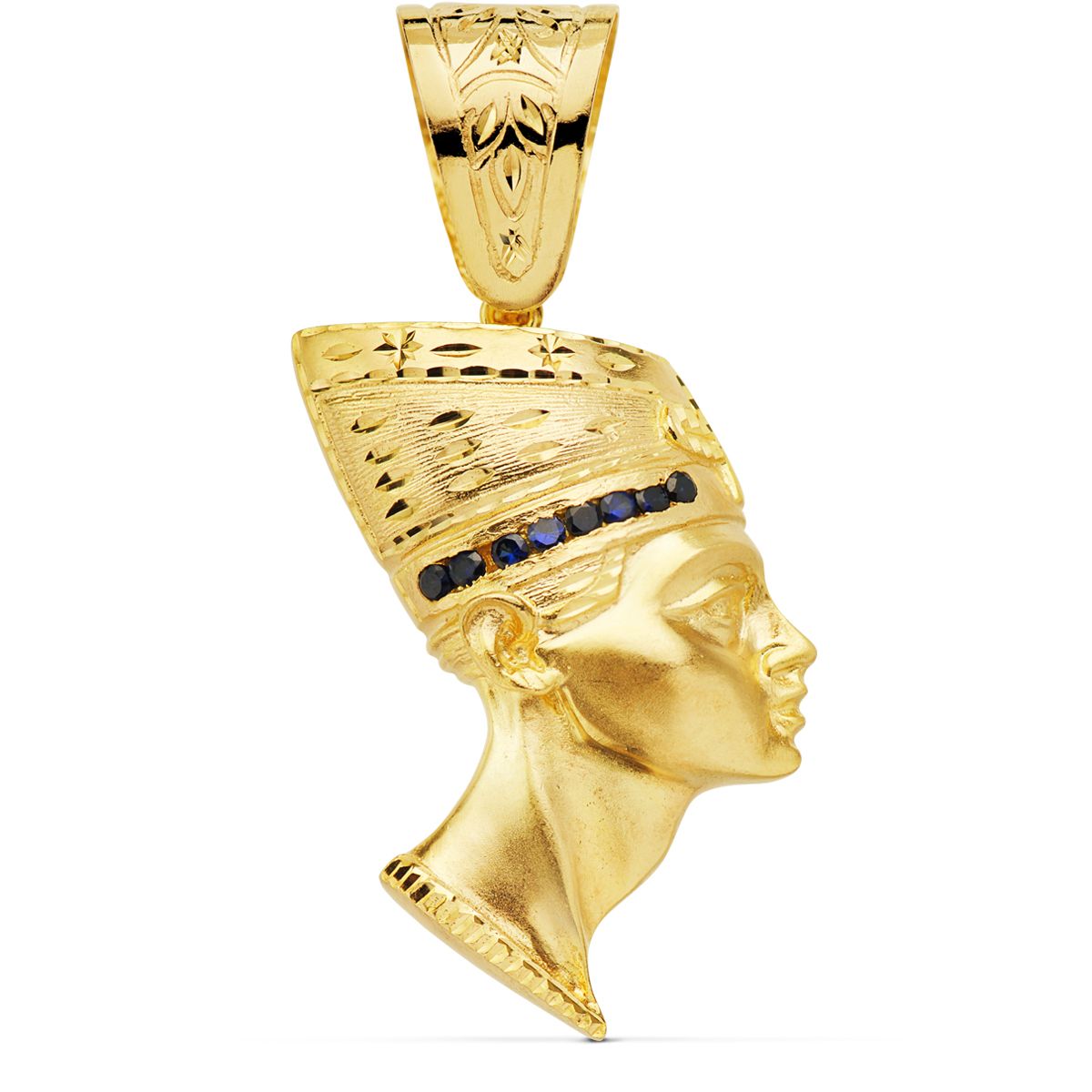 Colgante Egipcio Esfinge Nefertiti Gigante con Circonita Azules . 50 x 35 mm de oro amarillo 18K