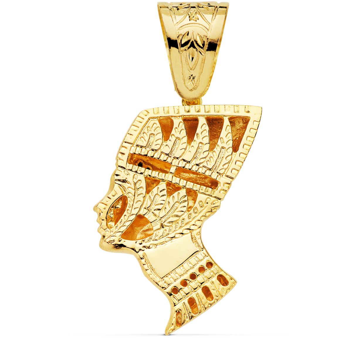 Colgante Egipcio Esfinge Nefertiti Gigante con Circonita Rojas . 50 x 35 mm de oro amarillo 18K