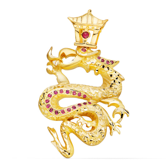 Colgante Dragon con Circonita Rojas. 43 x 35 mm de oro amarillo 18K