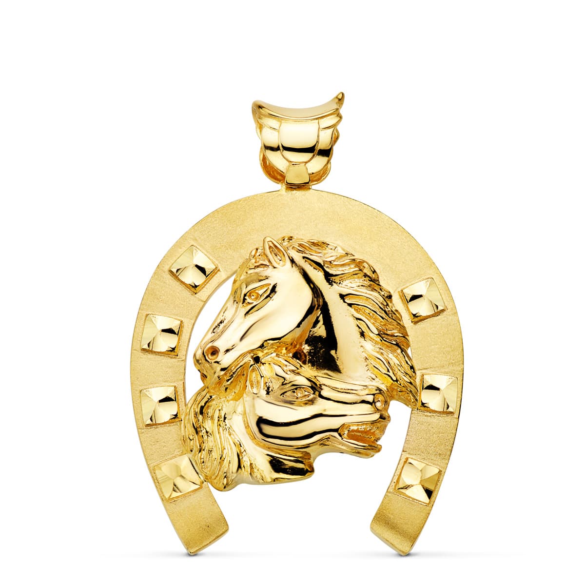 18K COLGANTE ORO AMARILLO HERRADURA CON CABALLOS 50X44 MM