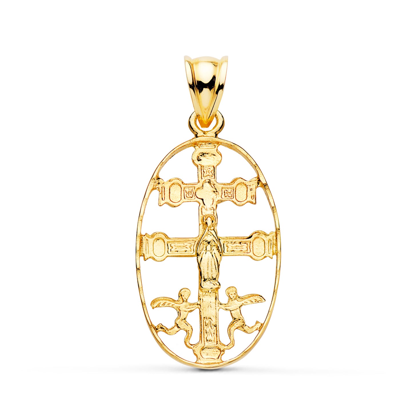 18K CRUZ DE CARAVACA ORO AMARILLO CERCO OVAL TALLADO. 27 X 17MM
