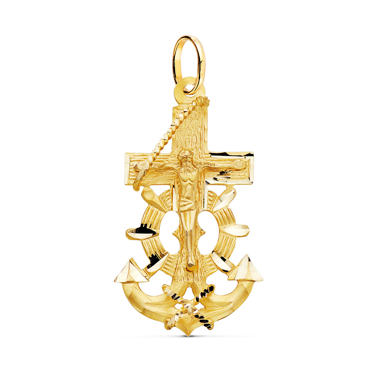 Cruz Marinera con Cristo Tallada 40 x 22 mm de oro amarillo 18K