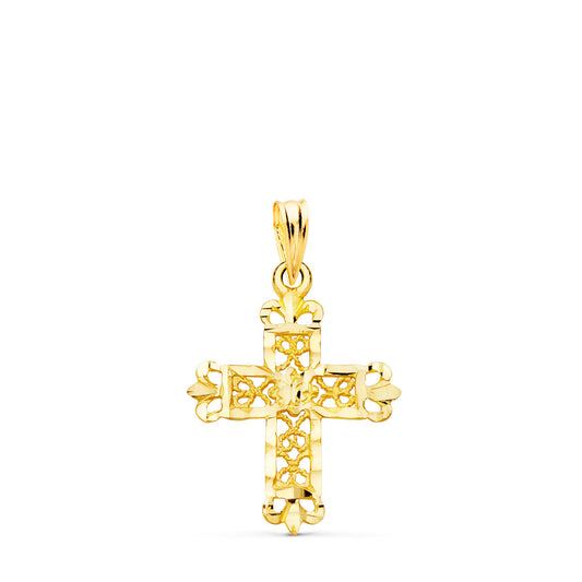 18K CRUZ ORO AMARILLO FILIGRANA BORDES TALLADOS. 22X19 MM