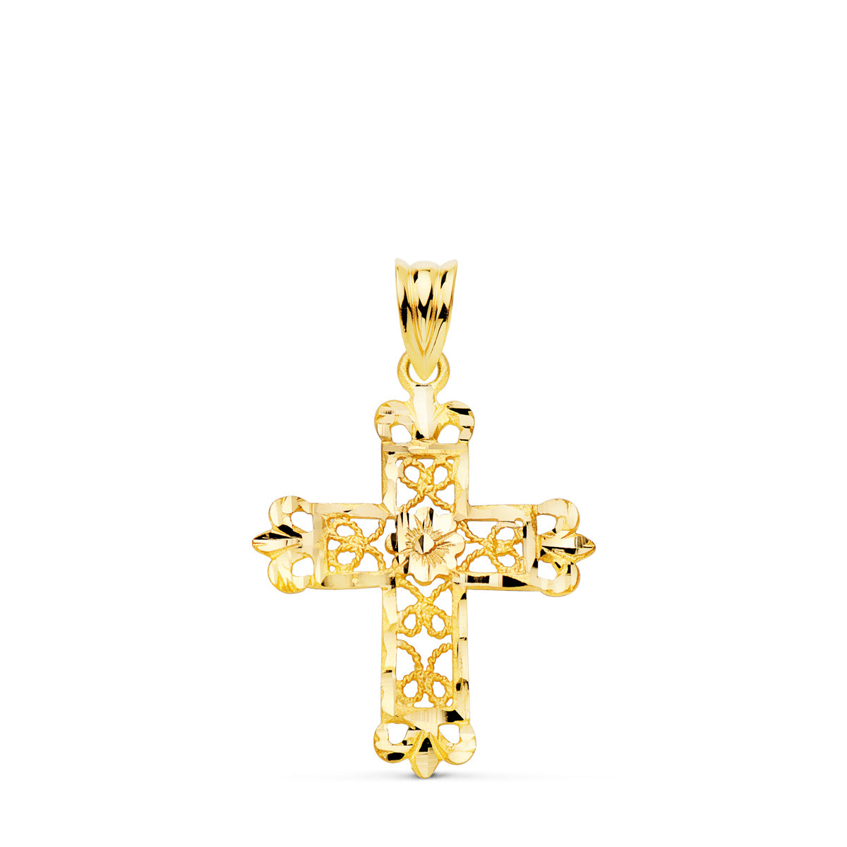 Cruz Filigrana Bordes Tallados. 27 x 22 mm de oro amarillo 18K