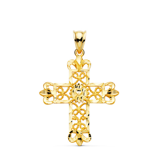 18K CRUZ ORO AMARILLO FILIGRANA BORDES TALLADOS. 35X29 MM