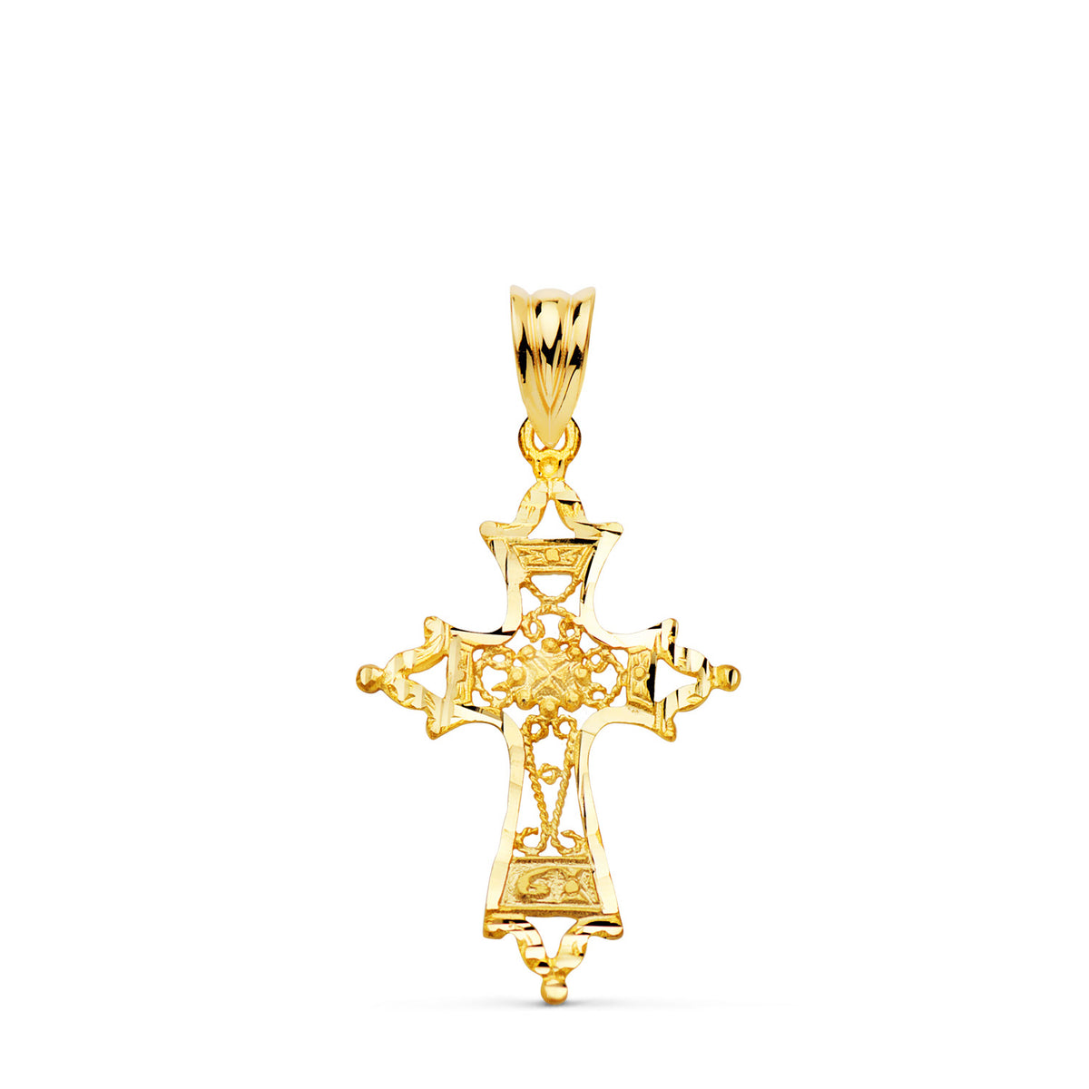 Cruz Filigrana Bordes Tallados. 30 x 20 mm de oro amarillo 18K