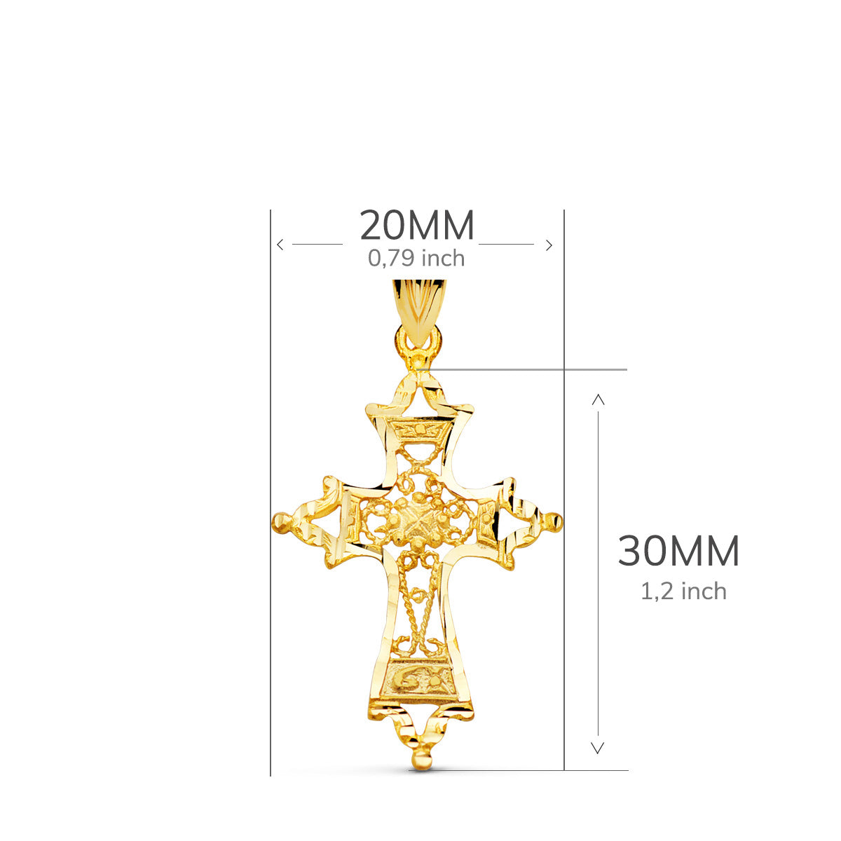 Cruz Filigrana Bordes Tallados. 30 x 20 mm de oro amarillo 18K