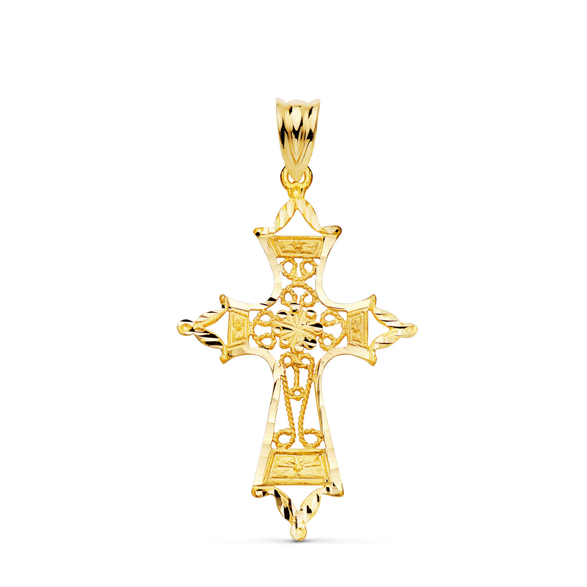 Cruz Filigrana Bordes Tallados. 37 x 25 mm de oro amarillo 18K