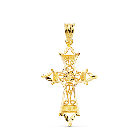 18K CRUZ ORO AMARILLO FILIGRANA BORDES TALLADOS. 37X25 MM