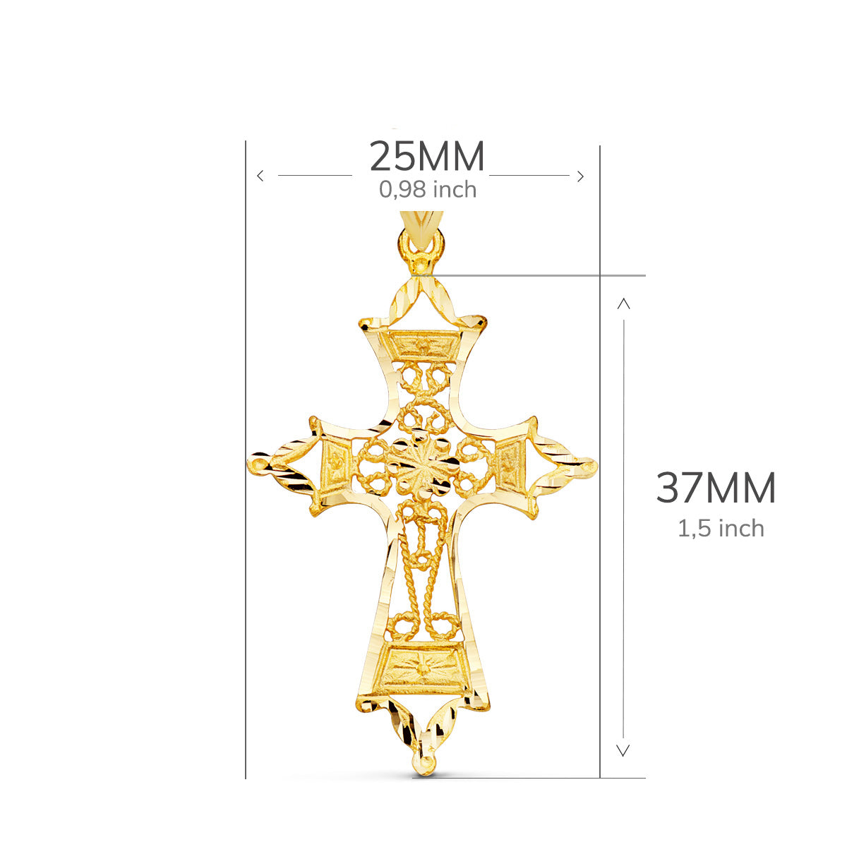 Cruz Filigrana Bordes Tallados. 37 x 25 mm de oro amarillo 18K