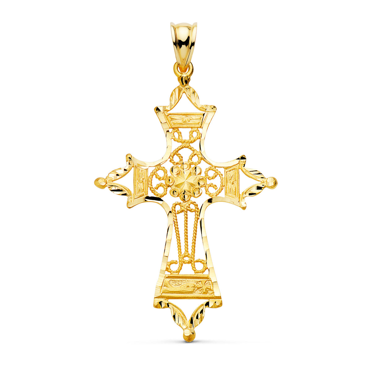 Cruz Filigrana Bordes Tallados. 46 x 30 mm de oro amarillo 18K