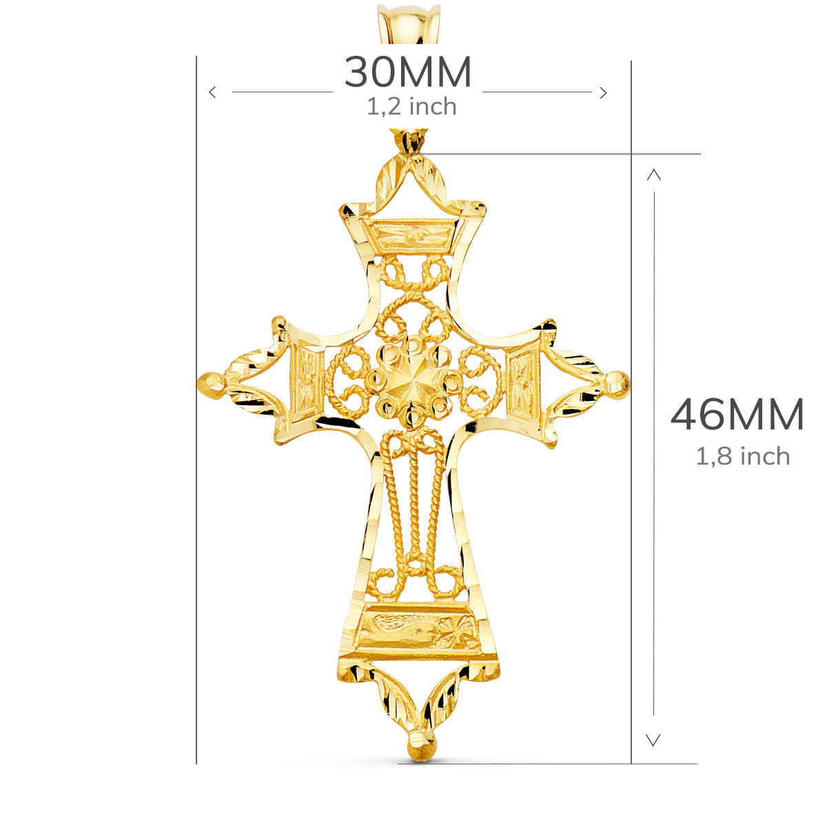 Cruz Filigrana Bordes Tallados. 46 x 30 mm de oro amarillo 18K
