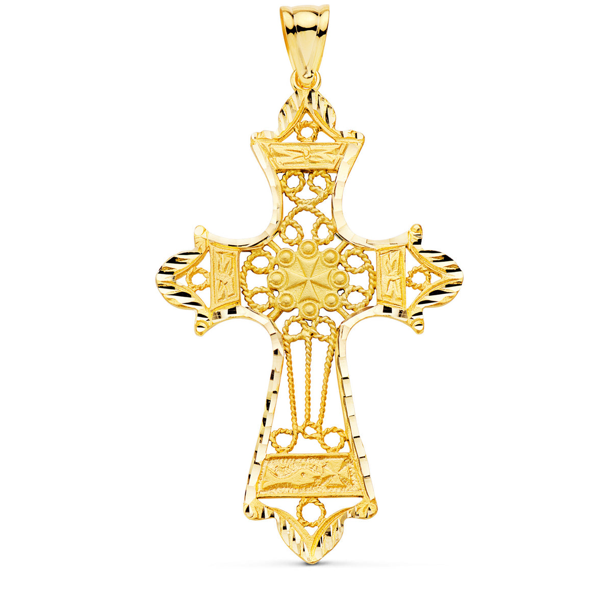 Cruz Filigrana Bordes Tallados. 60 x 37 mm de oro amarillo 18K