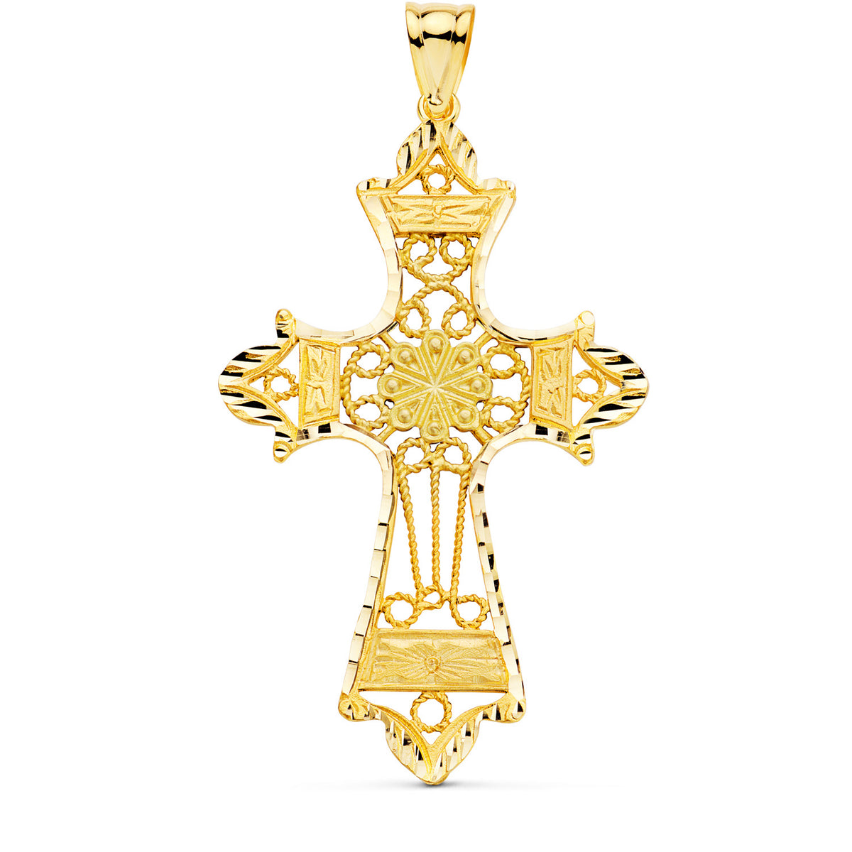 Cruz Filigrana Bordes Tallados. 60 x 37 mm de oro amarillo 18K