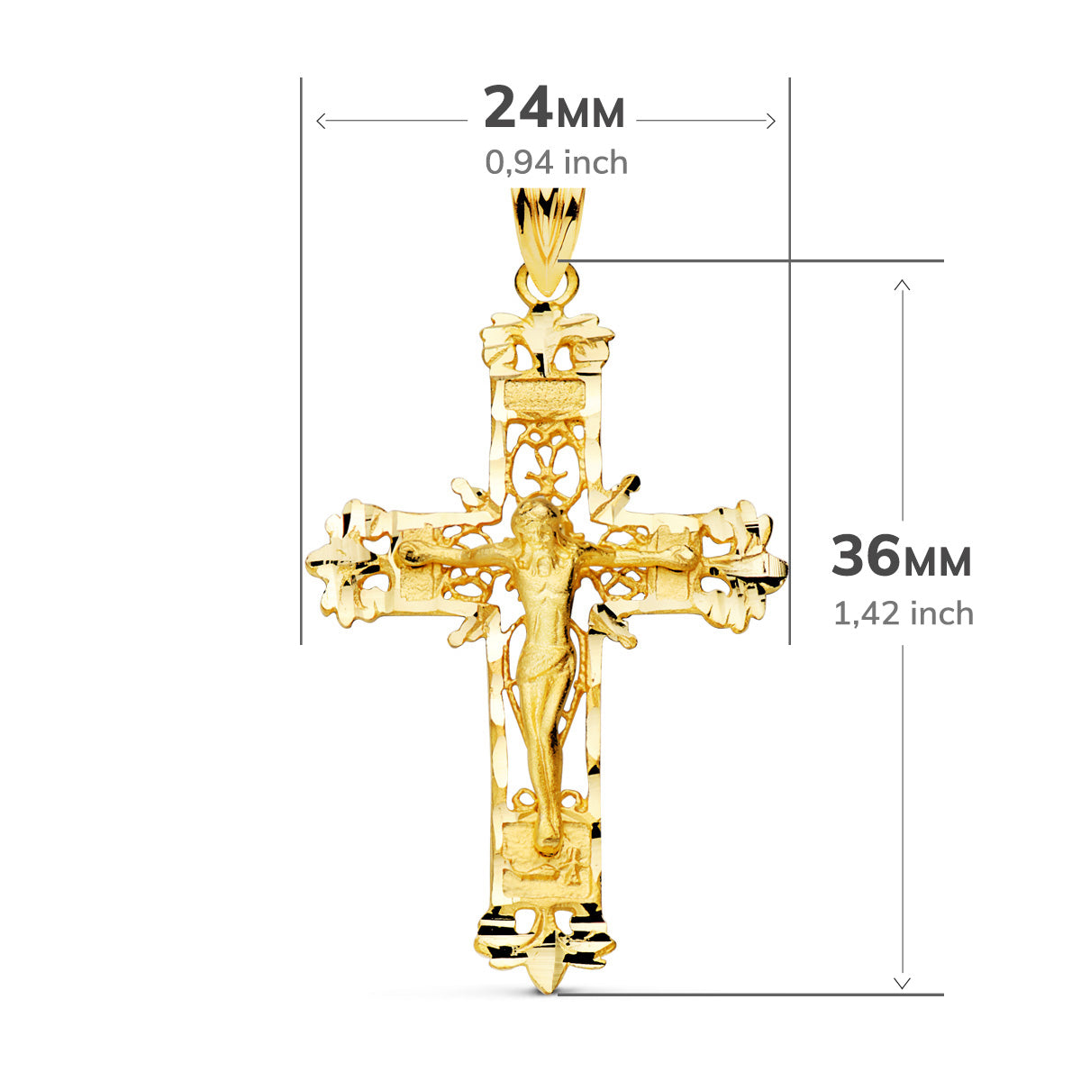 Cruz Filigrana con Cristo Tallada 36 x 24 mm de oro amarillo 18K