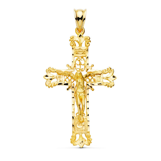 18K CRUZ ORO AMARILLO FILIGRANA CON CRISTO TALLADA 42X27 MM
