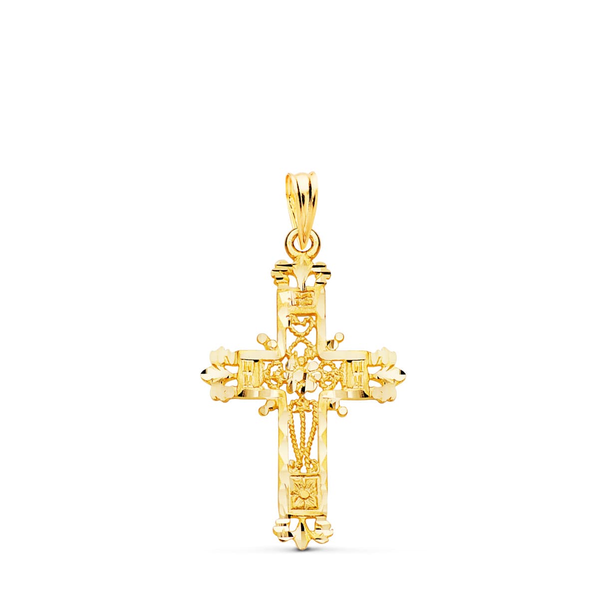 18K CRUZ ORO AMARILLO FILIGRANA BORDES TALLADOS. 29X19 MM