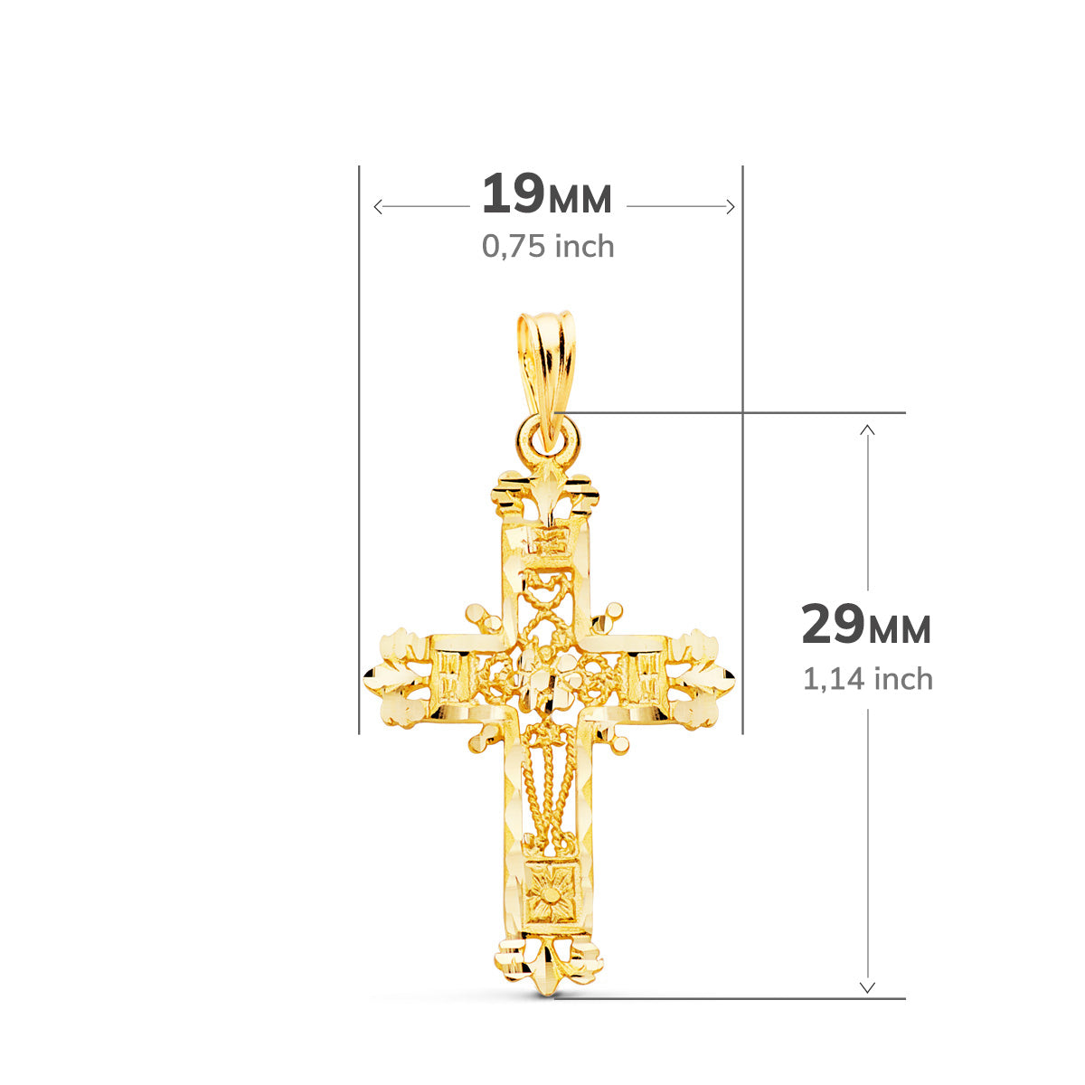Cruz Filigrana Bordes Tallados. 29 x 19 mm de oro amarillo 18K