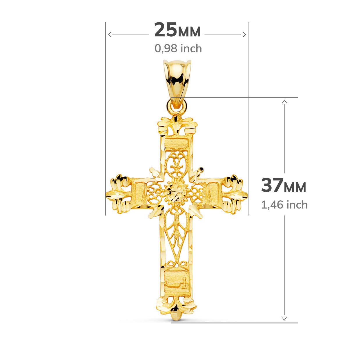 Cruz Filigrana Bordes Tallados. 37 x 25 mm de oro amarillo 18K