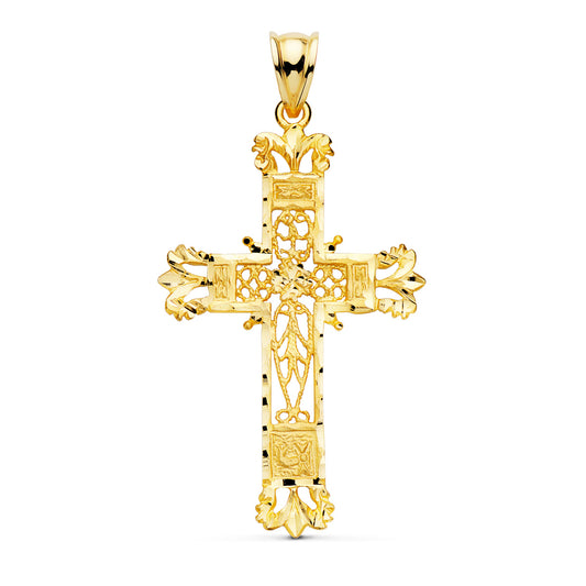 Cruz Filigrana Bordes Tallados. 44 x 28 mm de oro amarillo 18K