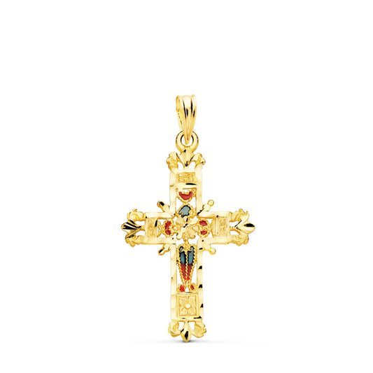 18K CRUZ ORO AMARILLO VIDRIERA CATEDRAL BORDES TALLADOS. 30X20 MM