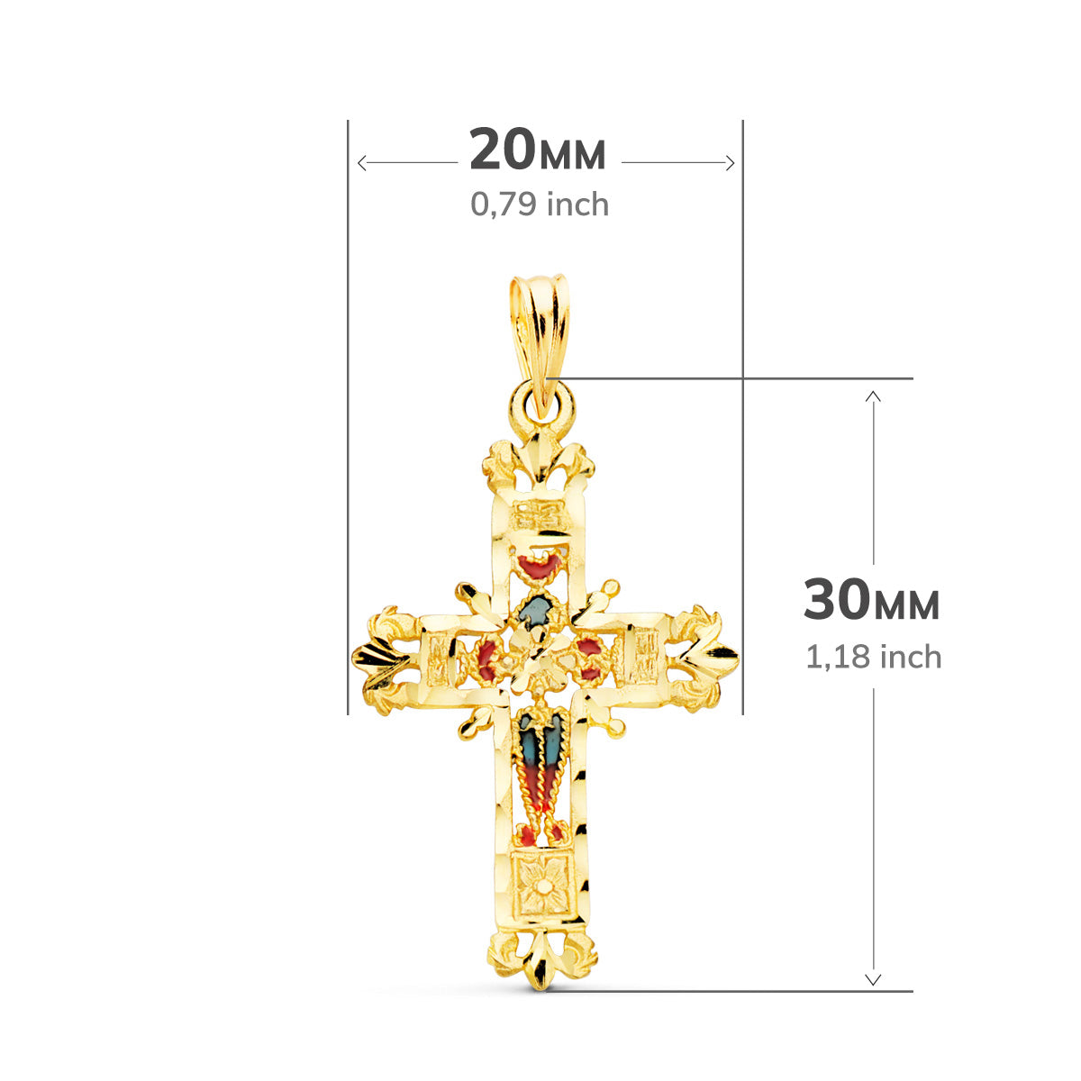 Cruz Vidriera Catedral Bordes Tallados. 30 x 20 mm de oro amarillo 18K
