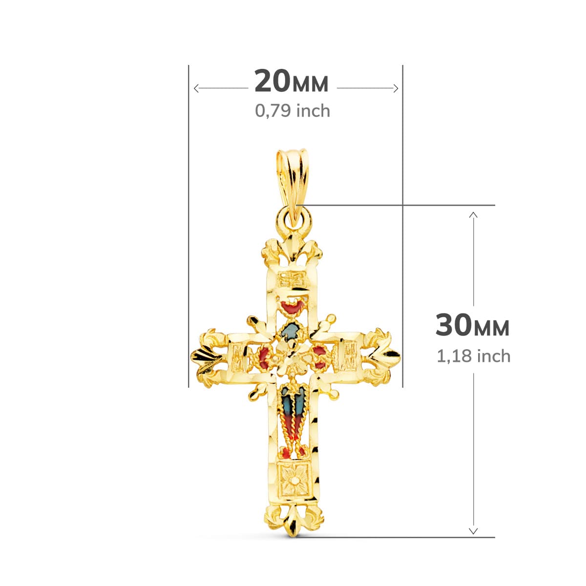 18K CRUZ ORO AMARILLO VIDRIERA CATEDRAL BORDES TALLADOS. 30X20 MM