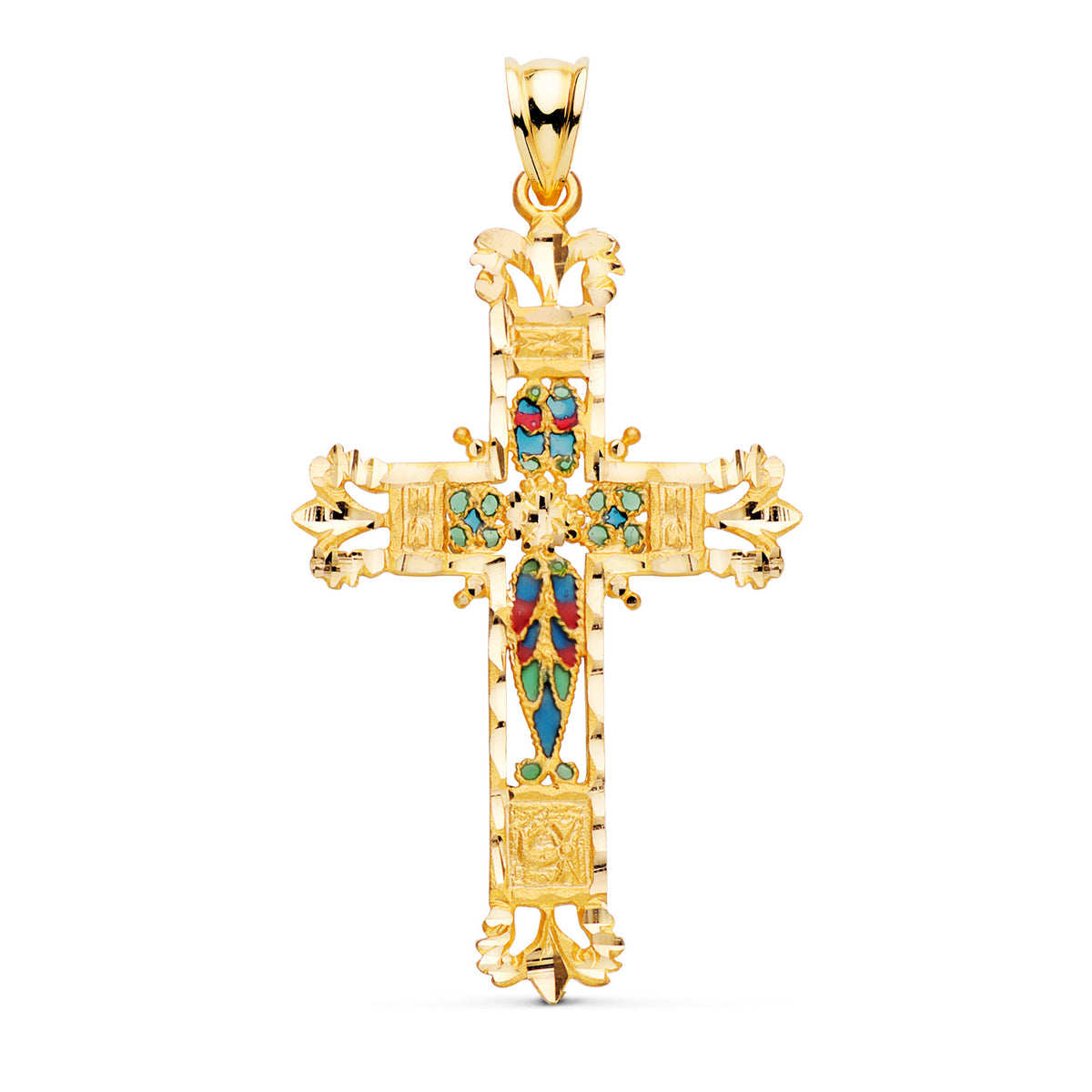 Cruz Vidriera Catedral Bordes Tallados. 44 x 28 mm de oro amarillo 18K
