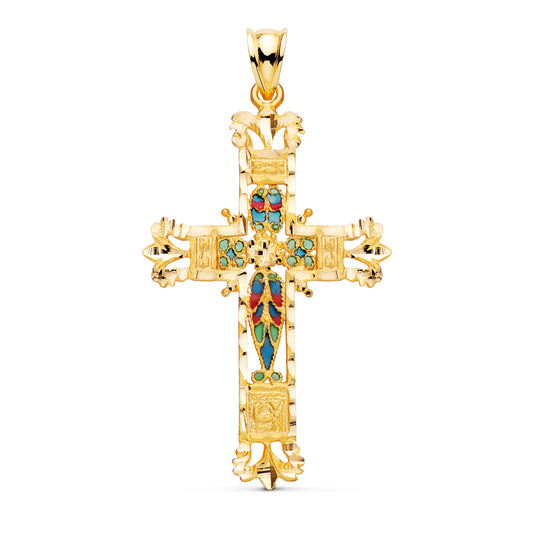 Cruz Vidriera Catedral Bordes Tallados. 44 x 28 mm de oro amarillo 18K