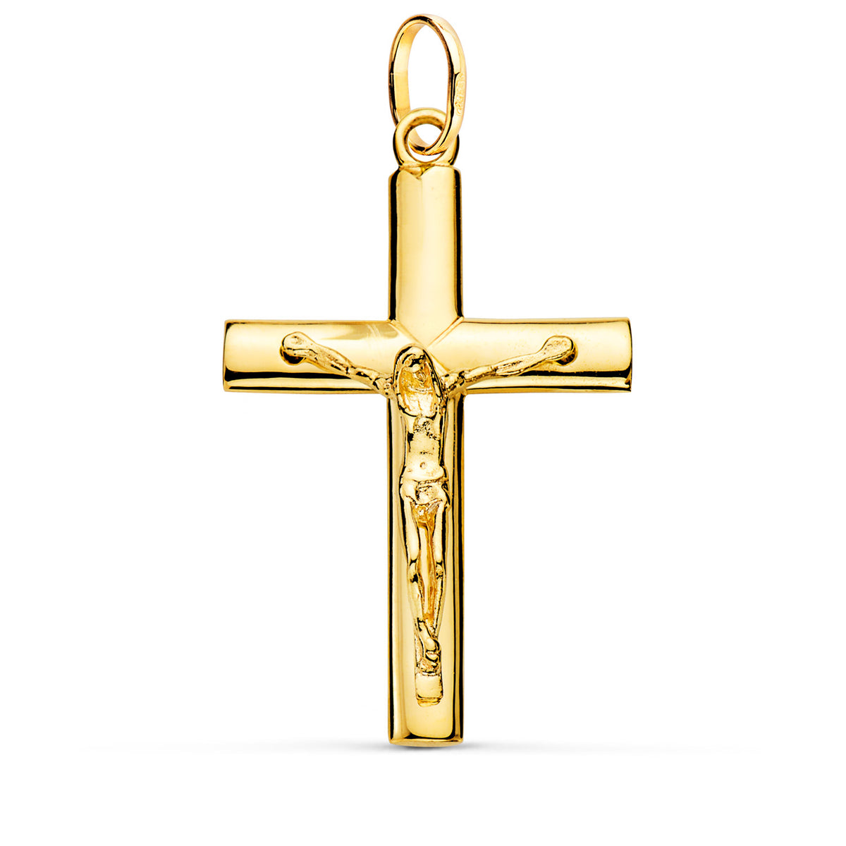 Cruz Cristo Maciza Medio Palo Redondo Brillo 38 x 24 mm de oro amarillo 18K