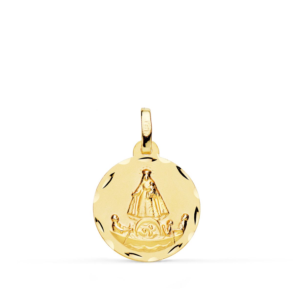 Medalla Virgen Caridad del Cobre Balsa 16 mm Tallada de oro amarillo 18K