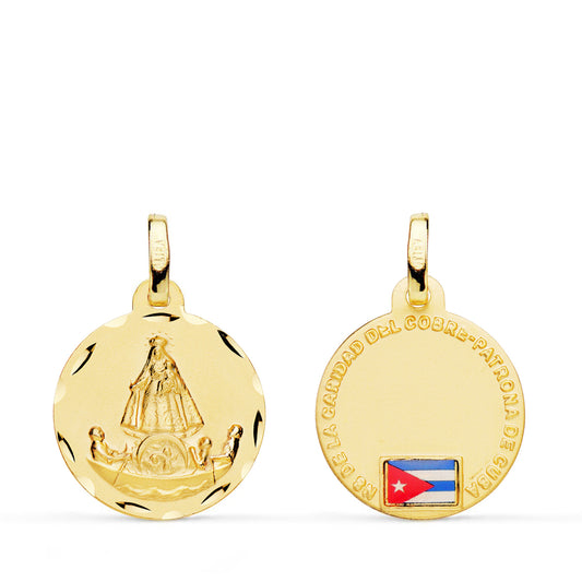 Medalla Virgen Caridad del Cobre Balsa con Bandera 16 mm de oro amarillo 18K