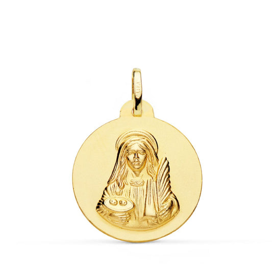 Medalla Santa Lucia Lisa Matizada 22 mm de oro amarillo 18K