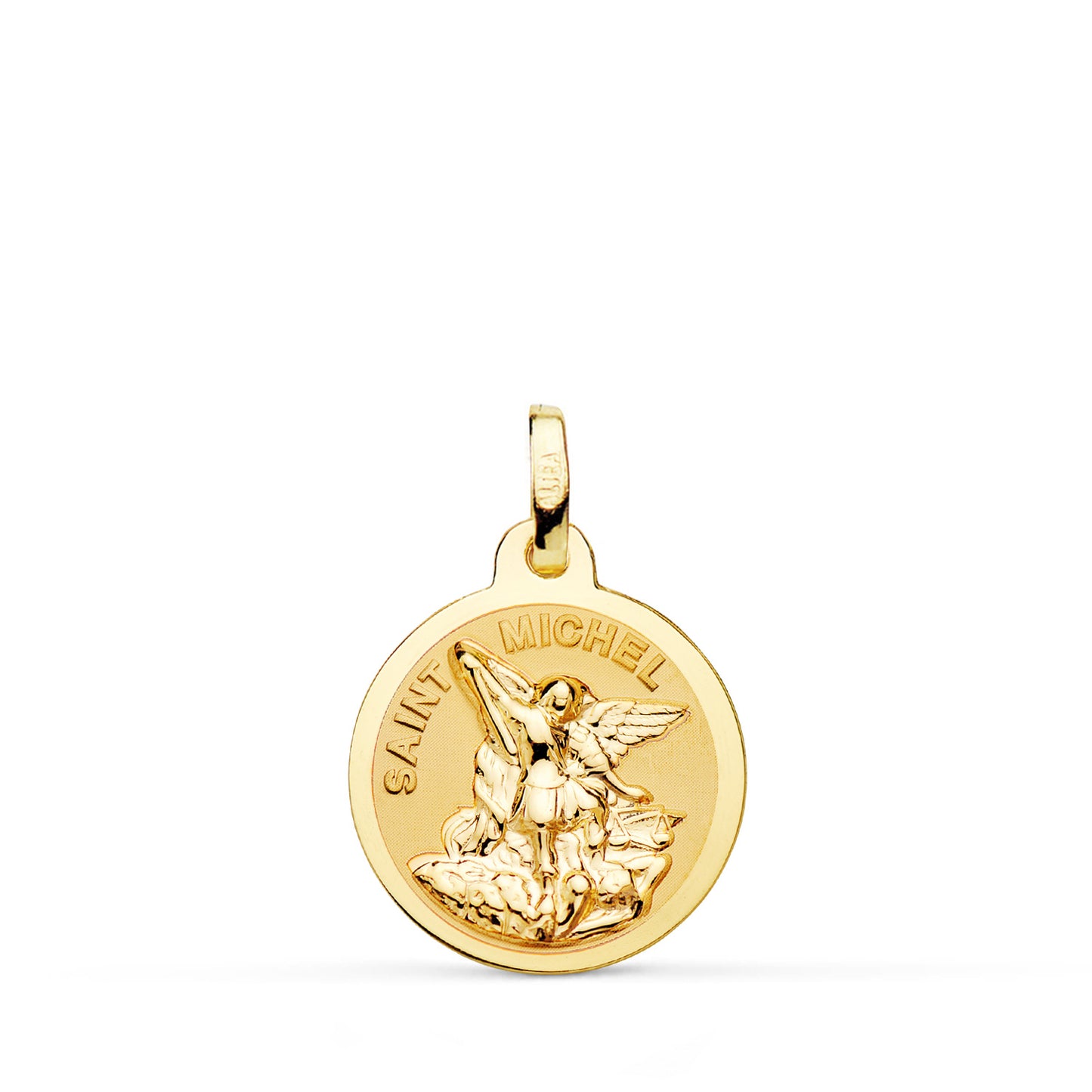 18K MEDALLA ORO AMARILLO SAINT MICHEL BRILLO Y MATIZADA 16 MM
