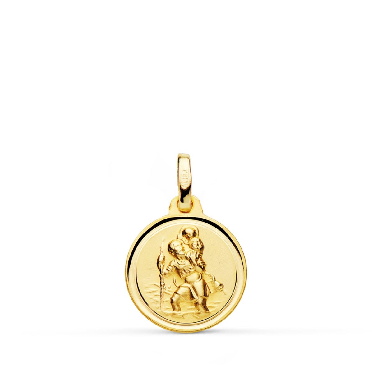 Medalla San Cristobal Matizado Bisel 14 mm de oro amarillo 18K