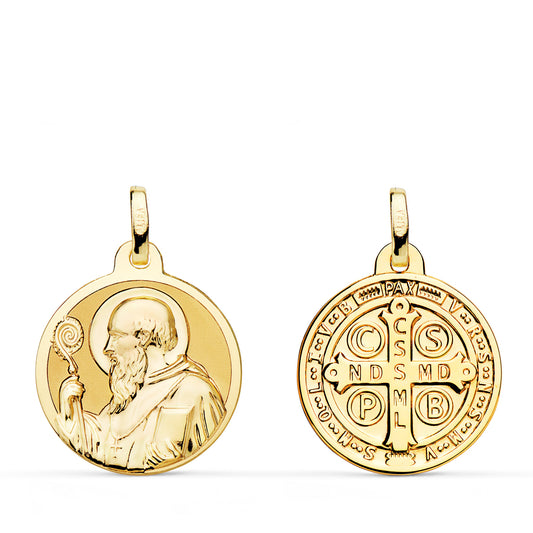 Medalla San Benito Monje Brillo 18 mm de oro amarillo 18K